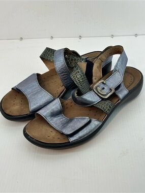 Romika Leather Sandals Women's 41 (9.5-10) Metallic Silver Comfort with Buckle